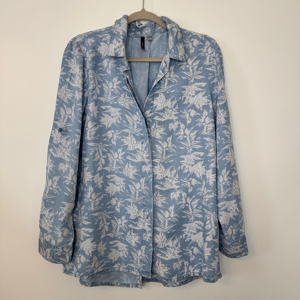 Amanda Green Shirt Chambray Botanical Printed Long Sleeve Button Up Top Sz L